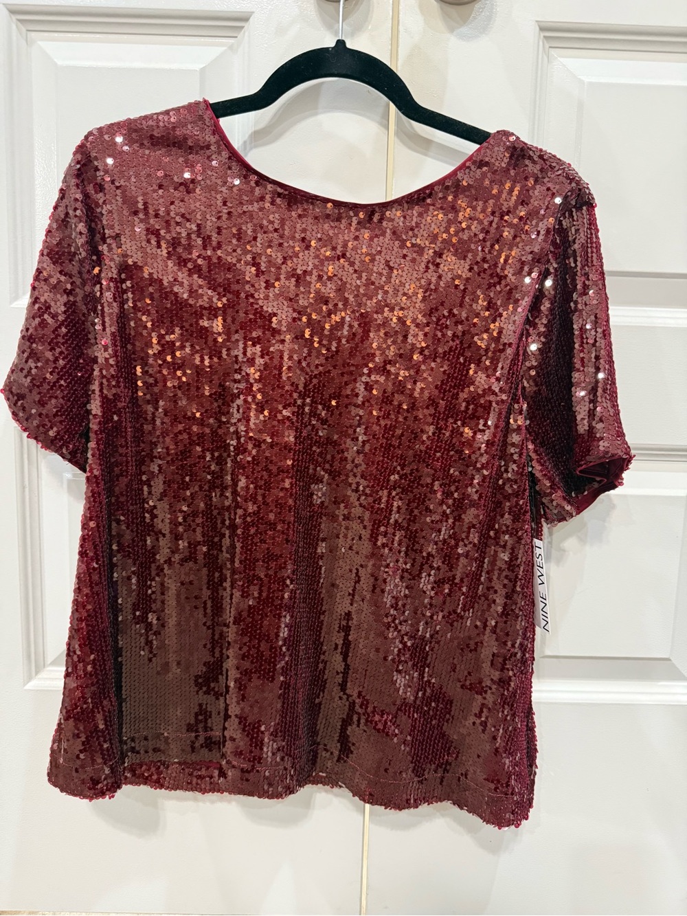 Nine West Wine Sequin Short Sleeve Top